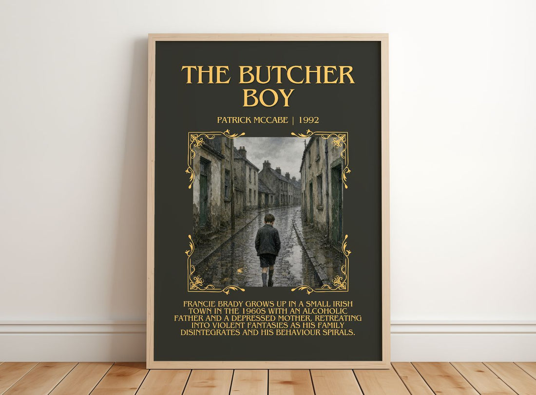 The Butcher Boy Minimalist Book Poster by Patrick McCabe – framed print leaning on a wooden floor
