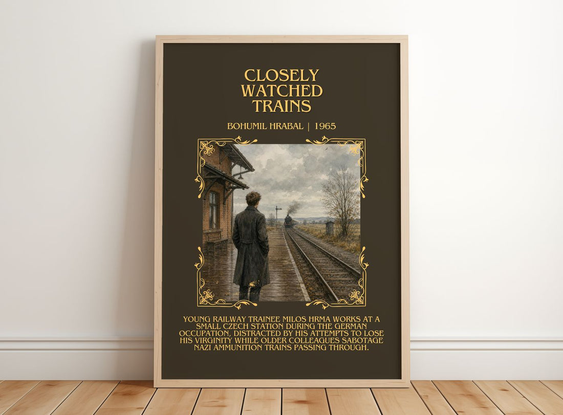Closely Watched Trains Minimalist Book Poster by Bohumil Hrabal – framed print leaning on a wooden floor