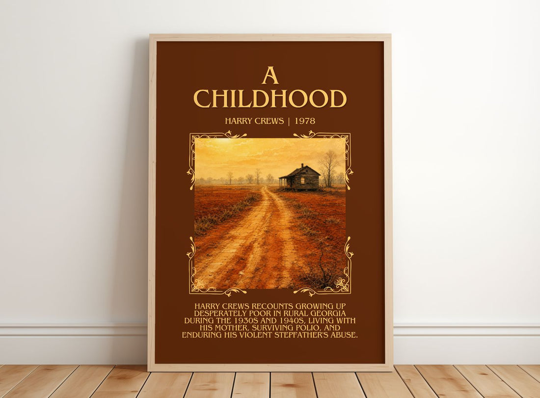 A Childhood Minimalist Book Poster by Harry Crews – framed print leaning on a wooden floor