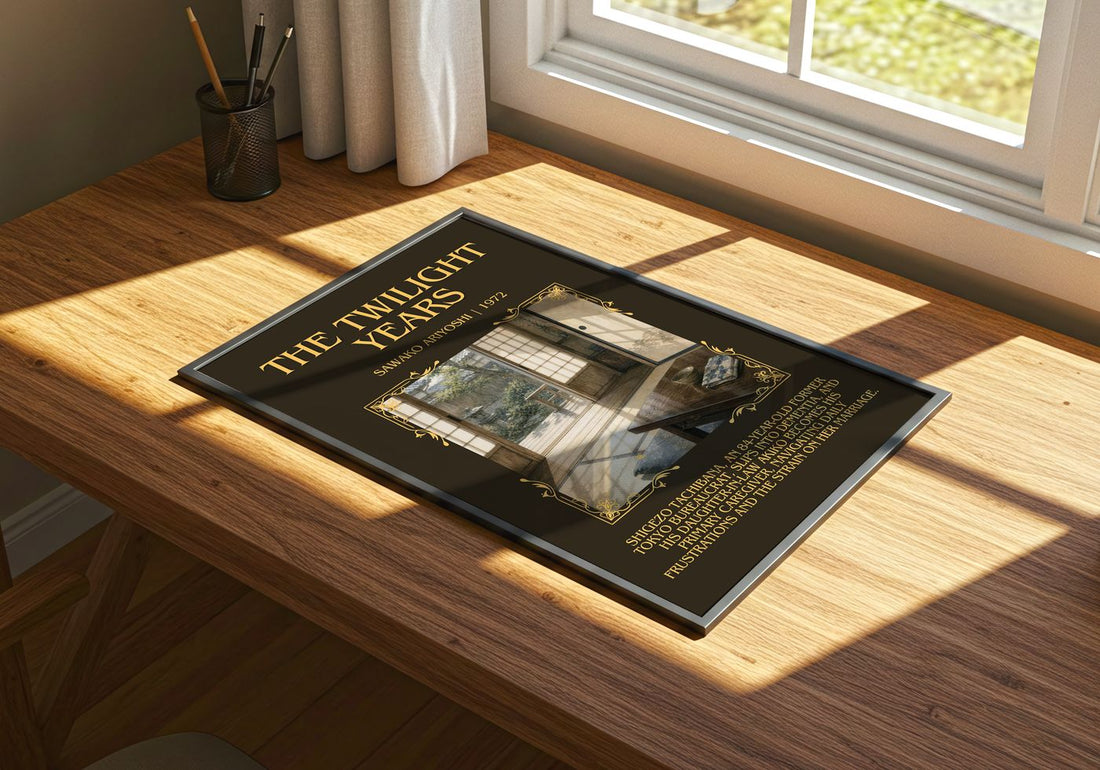 The Twilight Years Minimalist Book Poster by Sawako Ariyoshi – print on a sunlit desk