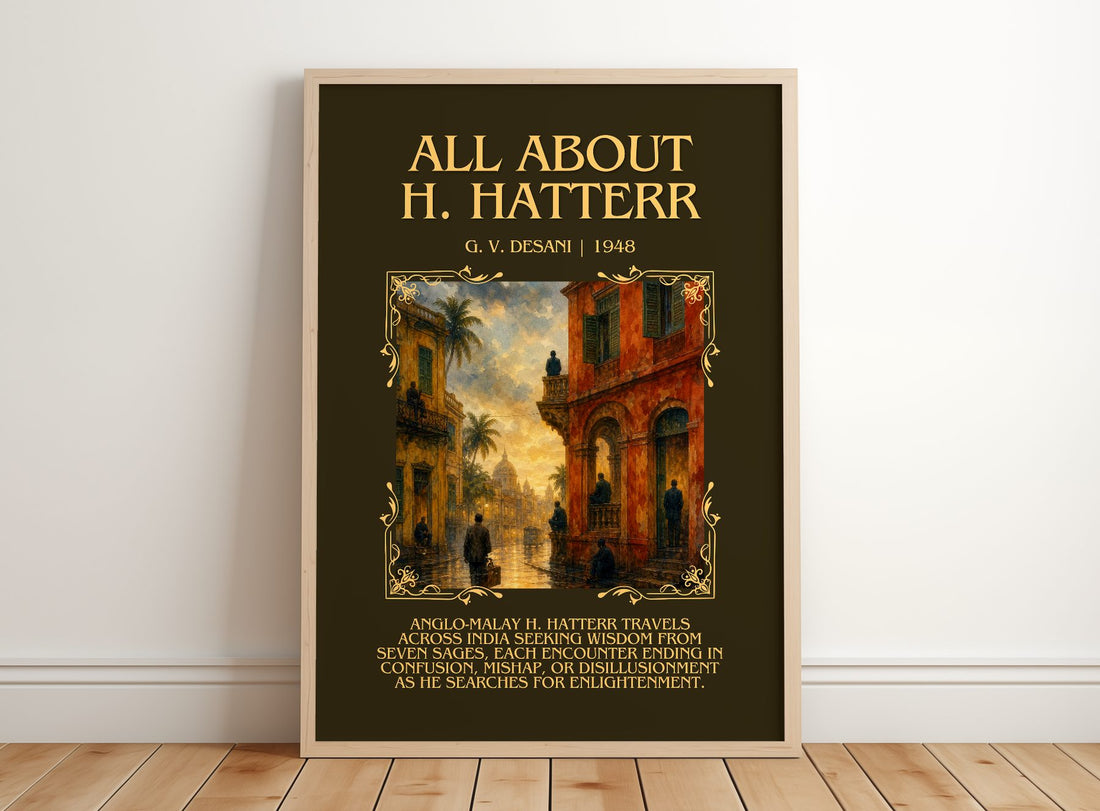 All about H. Hatterr Minimalist Book Poster by G. V. Desani – framed print leaning on a wooden floor