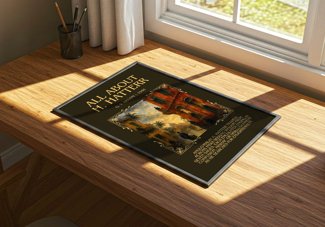 All about H. Hatterr Minimalist Book Poster by G. V. Desani – print on a sunlit desk