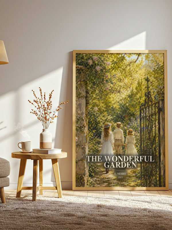 The Wonderful Garden watercolour print in frame leaning in hallway – childrens wall art