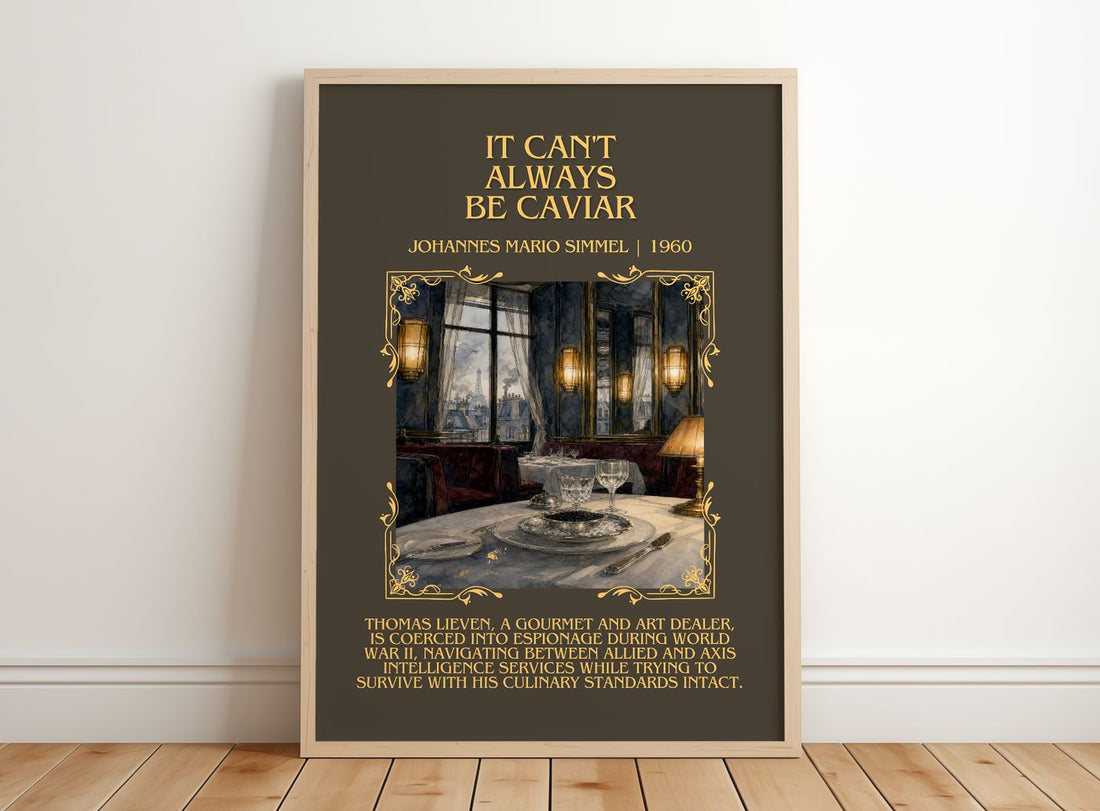 It Can't Always Be Caviar Minimalist Book Poster by J. Simmel – framed print leaning on a wooden floor