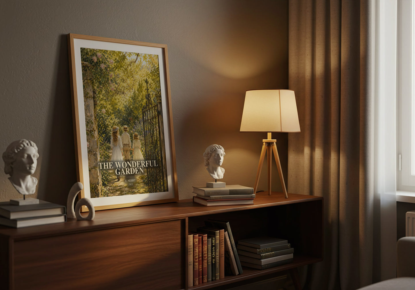 The Wonderful Garden watercolour print on bookshelf – E. Nesbit fan gift