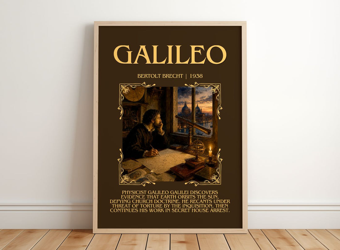 Galileo Minimalist Book Poster by Bertolt Brecht – framed print leaning on a wooden floor