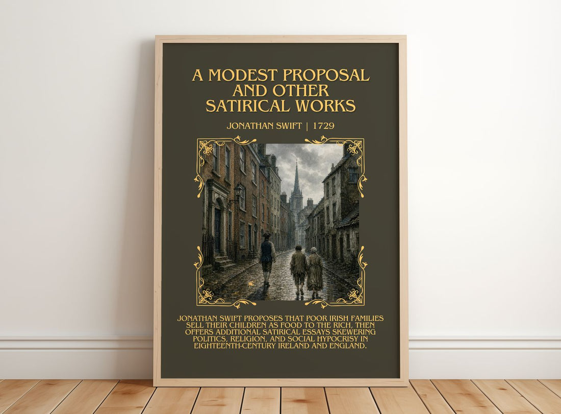 A Modest Proposal and Other Satirical Works Minimalist Book Poster by Jonathan Swift – framed print leaning on a wooden floor