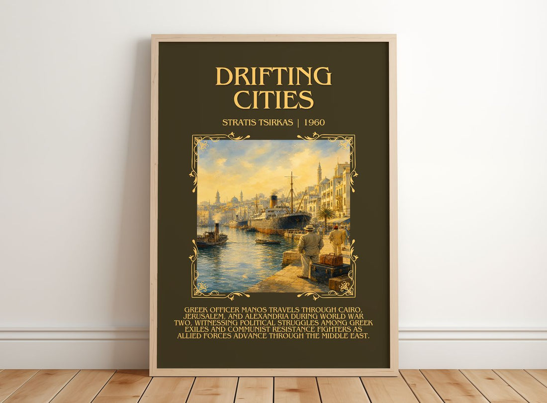 Drifting Cities Minimalist Book Poster by Stratis Tsirkas – framed print leaning on a wooden floor