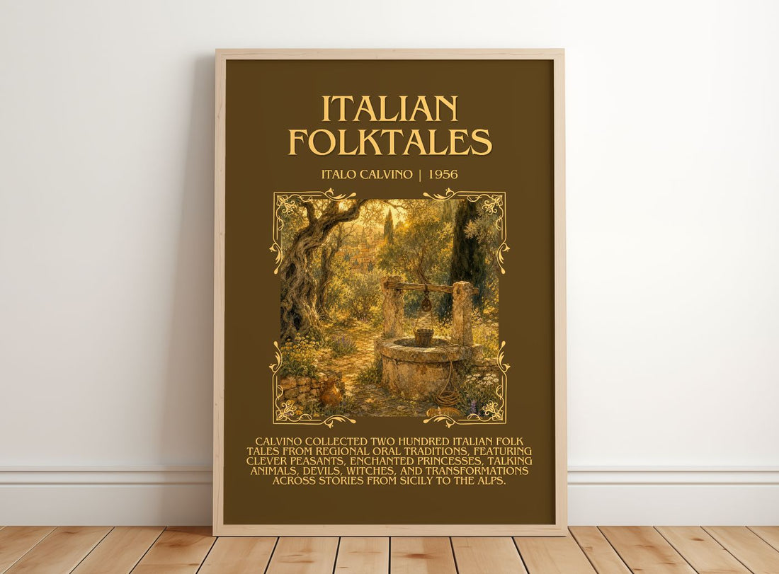 Italian Folktales Minimalist Book Poster by Italo Calvino – framed print leaning on a wooden floor