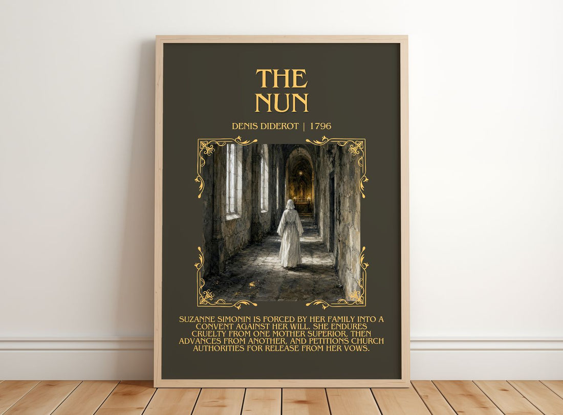 The Nun Minimalist Book Poster by Denis Diderot – framed print leaning on a wooden floor
