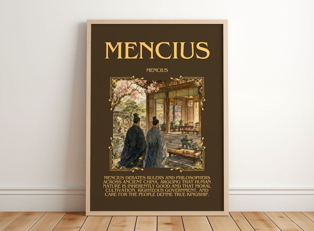 Mencius Minimalist Book Poster by Mencius – framed print leaning on a wooden floor
