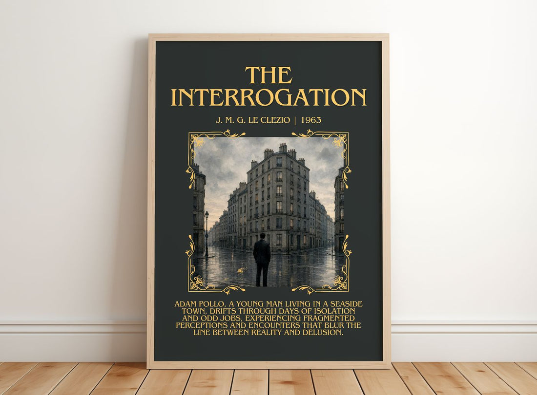 The Interrogation Minimalist Book Poster by J. M. G. Le Clezio – framed print leaning on a wooden floor