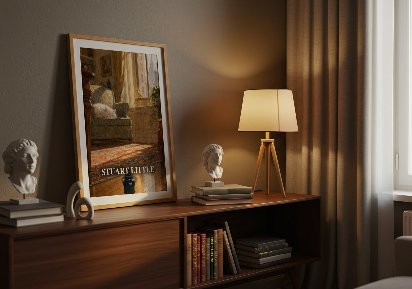 Stuart Little watercolour print on bookshelf – E. B. White fan gift