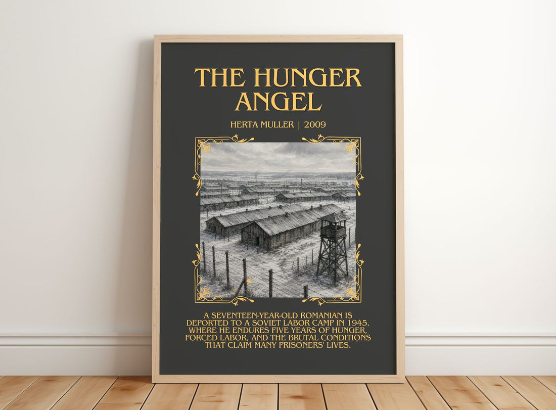 The Hunger Angel Minimalist Book Poster by Herta Müller – framed print leaning on a wooden floor