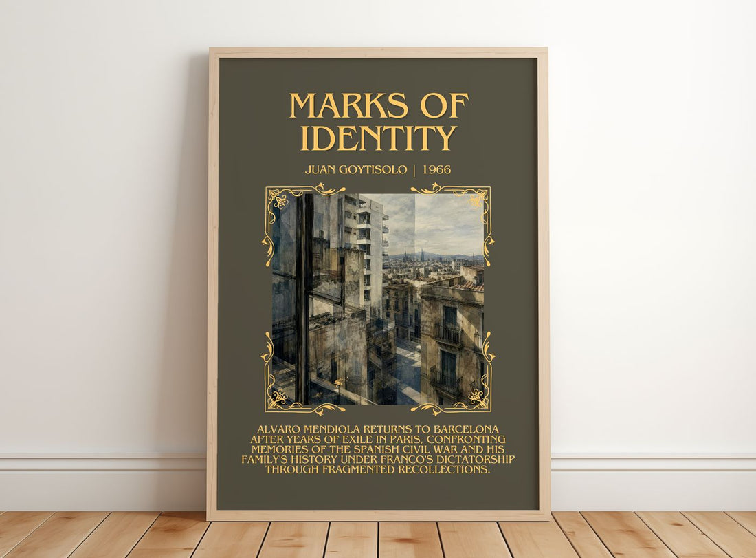 Marks of Identity Minimalist Book Poster by Juan Goytisolo – framed print leaning on a wooden floor