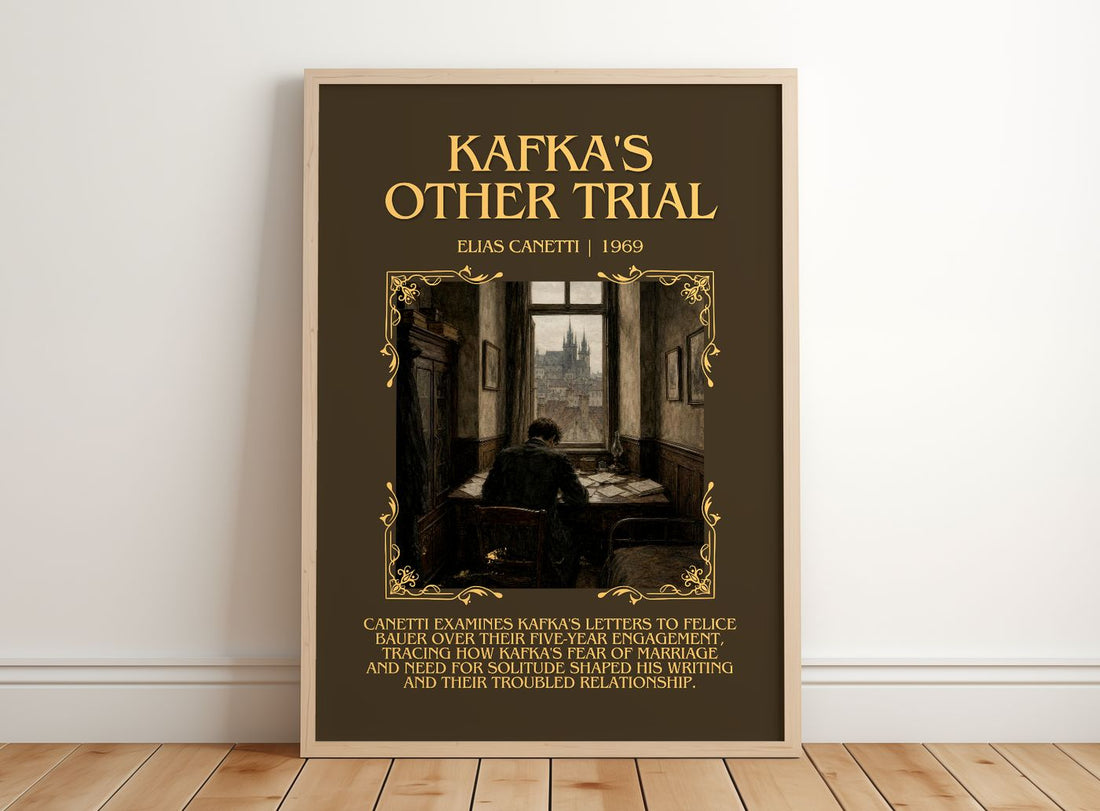 Kafka's Other Trial Minimalist Book Poster by Elias Canetti – framed print leaning on a wooden floor