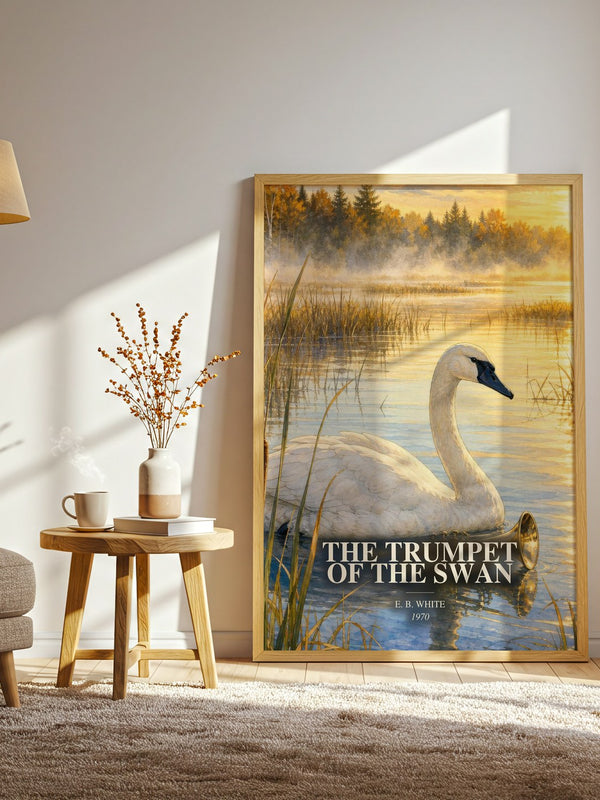 The Trumpet Of The Swan watercolour print in frame leaning in hallway – childrens wall art