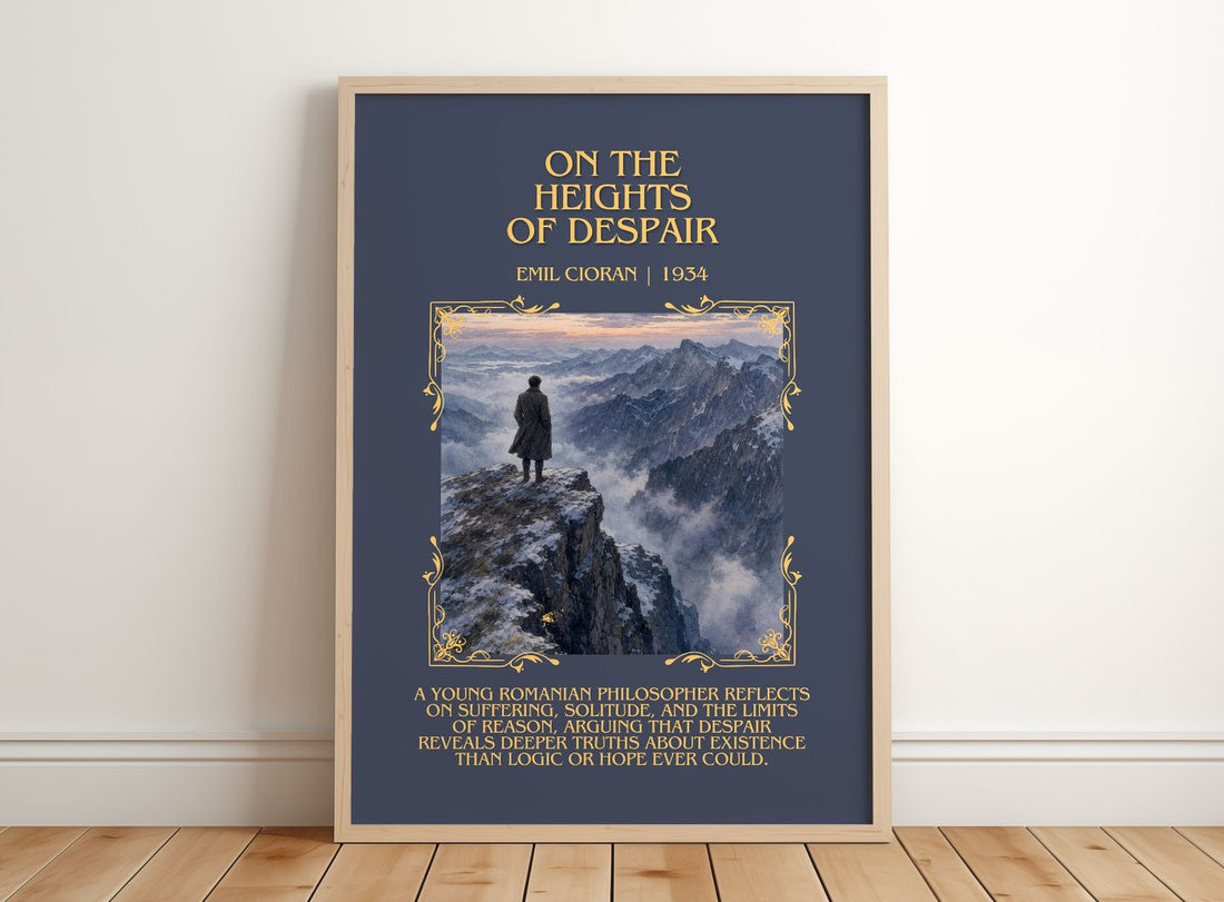 On the Heights of Despair Minimalist Book Poster by Emil Cioran – framed print leaning on a wooden floor