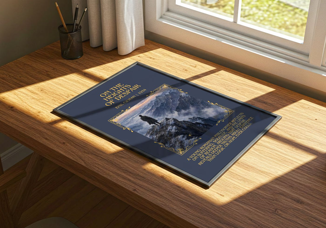 On the Heights of Despair Minimalist Book Poster by Emil Cioran – print on a sunlit desk