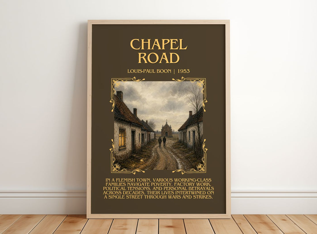 Chapel Road Minimalist Book Poster by Louis-Paul Boon – framed print leaning on a wooden floor