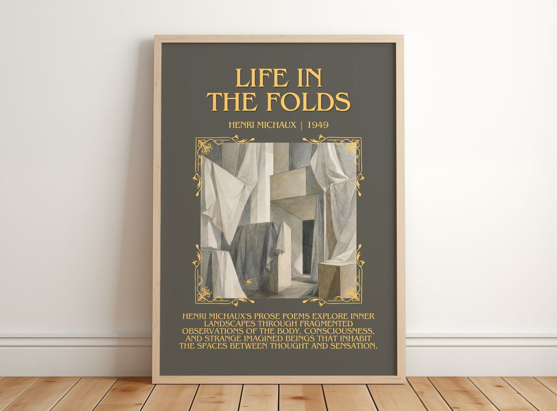 Life In The Folds Minimalist Book Poster by Henri Michaux – framed print leaning on a wooden floor
