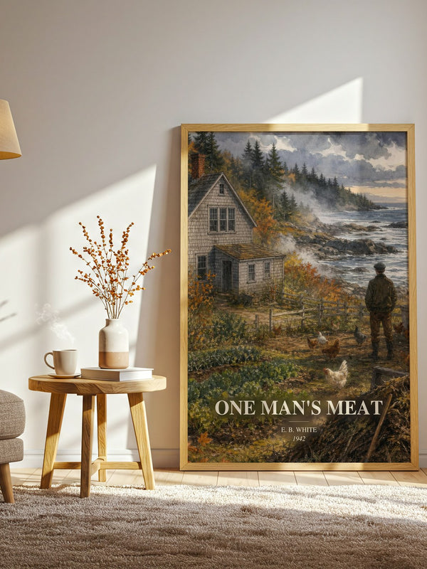 One Man'S Meat watercolour print in frame leaning in hallway – non fiction wall art