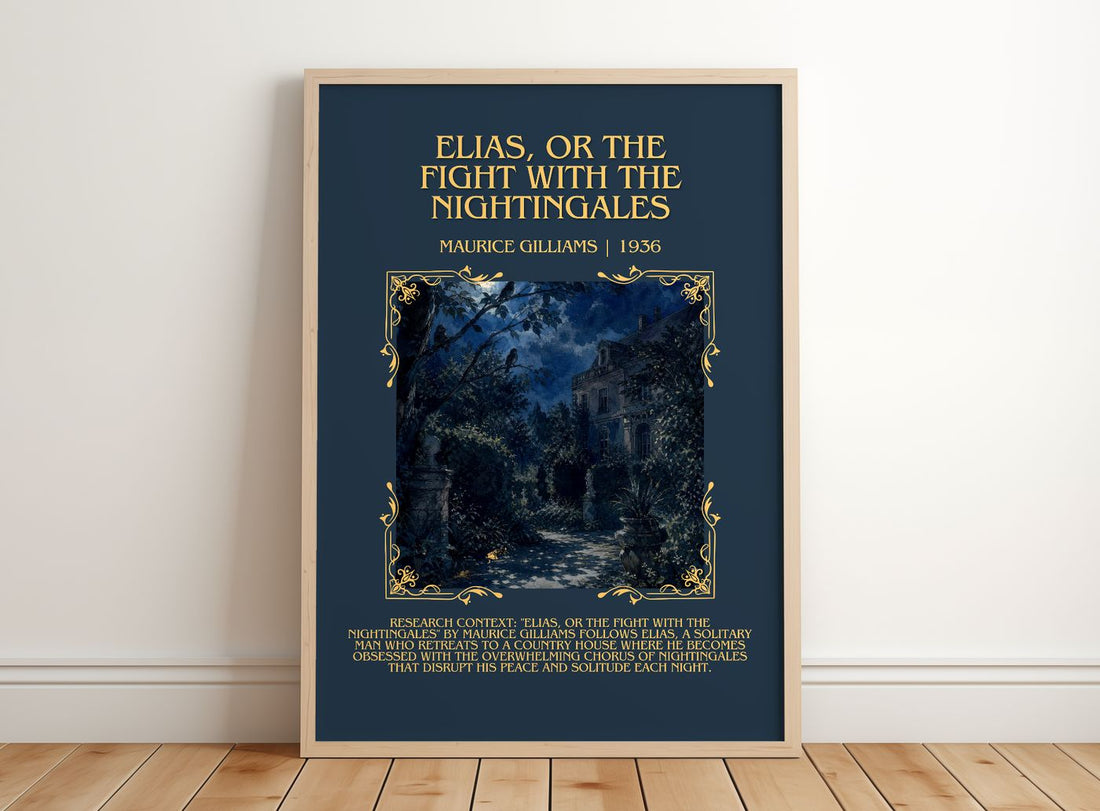 Elias, Or The Fight With The Nightingales Minimalist Book Poster by Maurice Gilliams – framed print leaning on a wooden floor