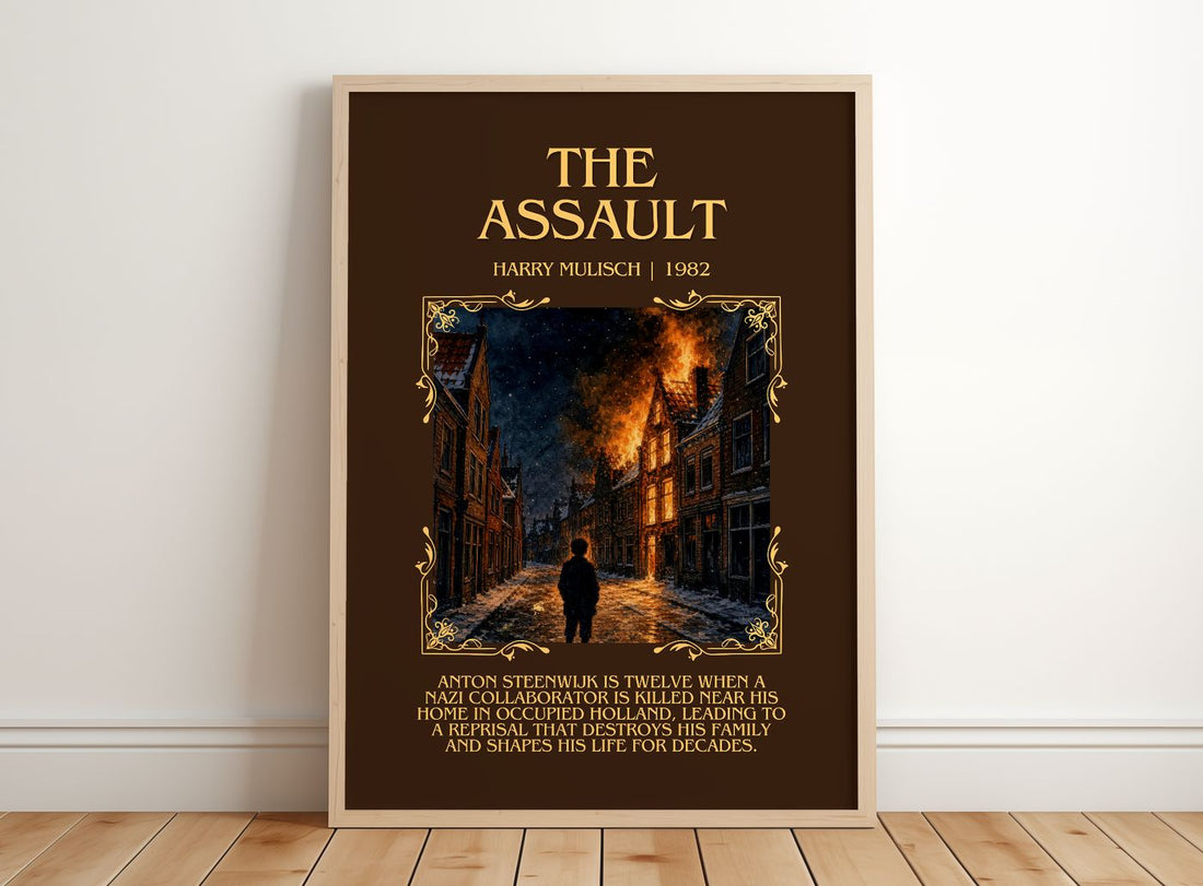 The Assault Minimalist Book Poster by Harry Mulisch – framed print leaning on a wooden floor