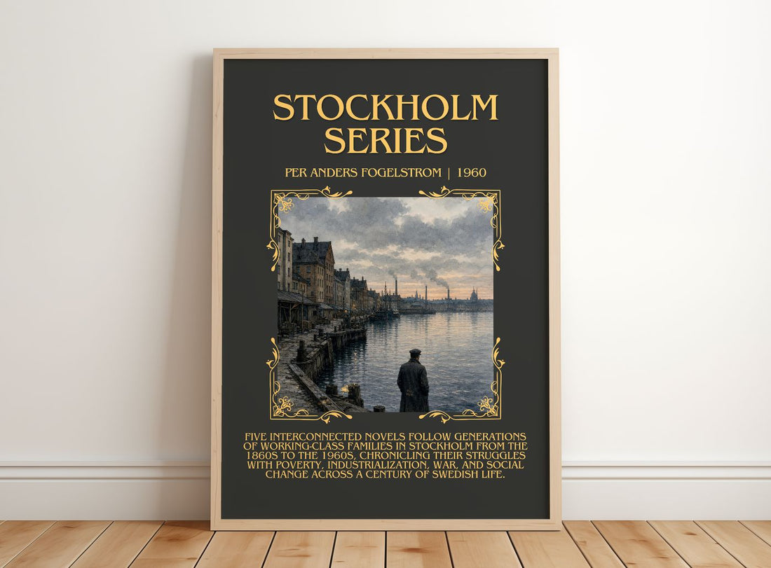 Stockholm series Minimalist Book Poster by Per Anders Fogelström – framed print leaning on a wooden floor