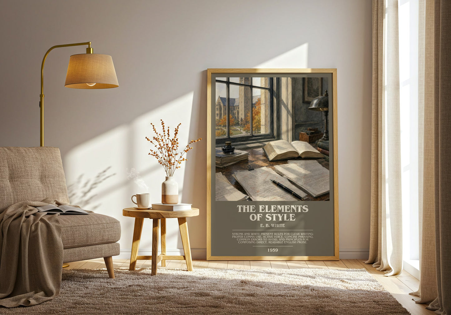 The Elements Of Style bookish print on bookshelf – E. B. White fan gift