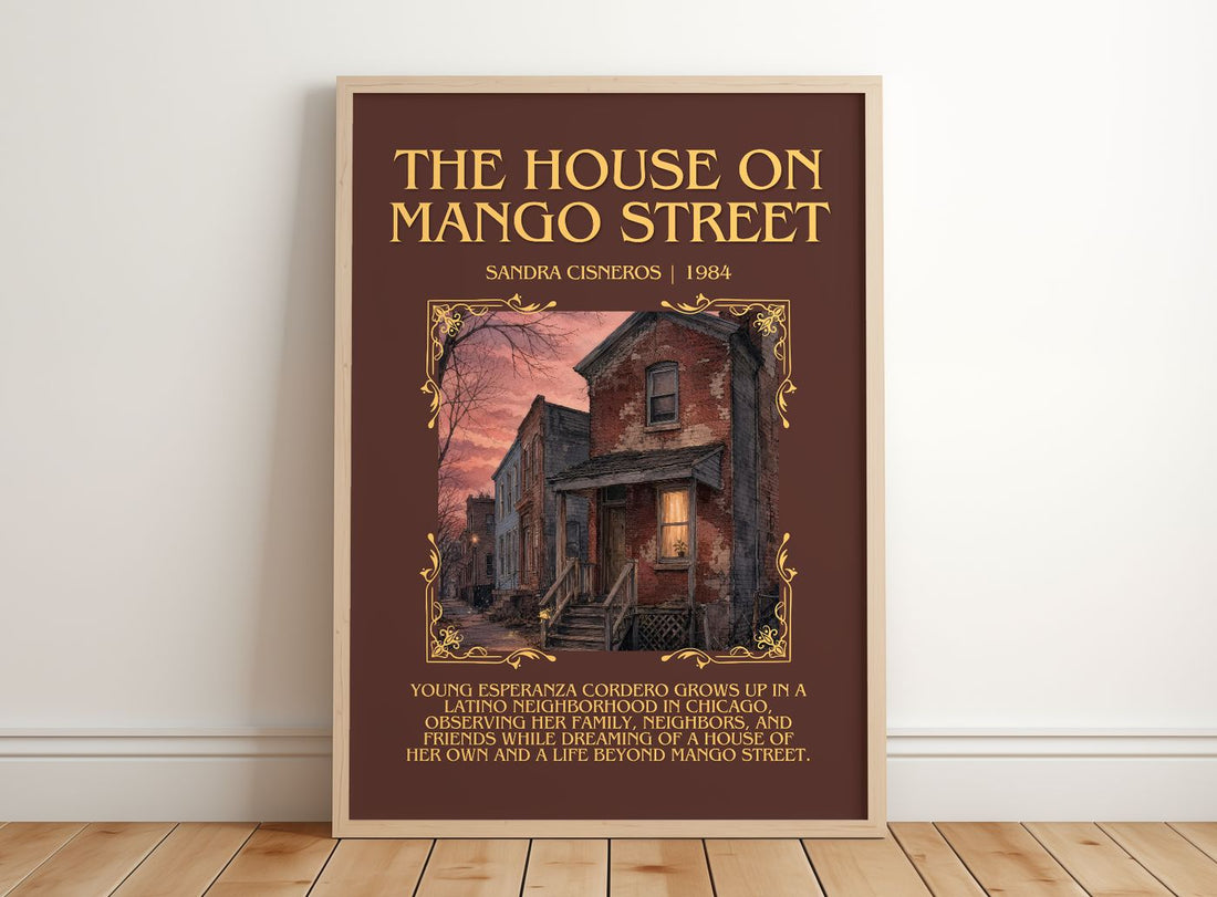 The House on Mango Street Minimalist Book Poster by Sandra Cisneros – framed print leaning on a wooden floor
