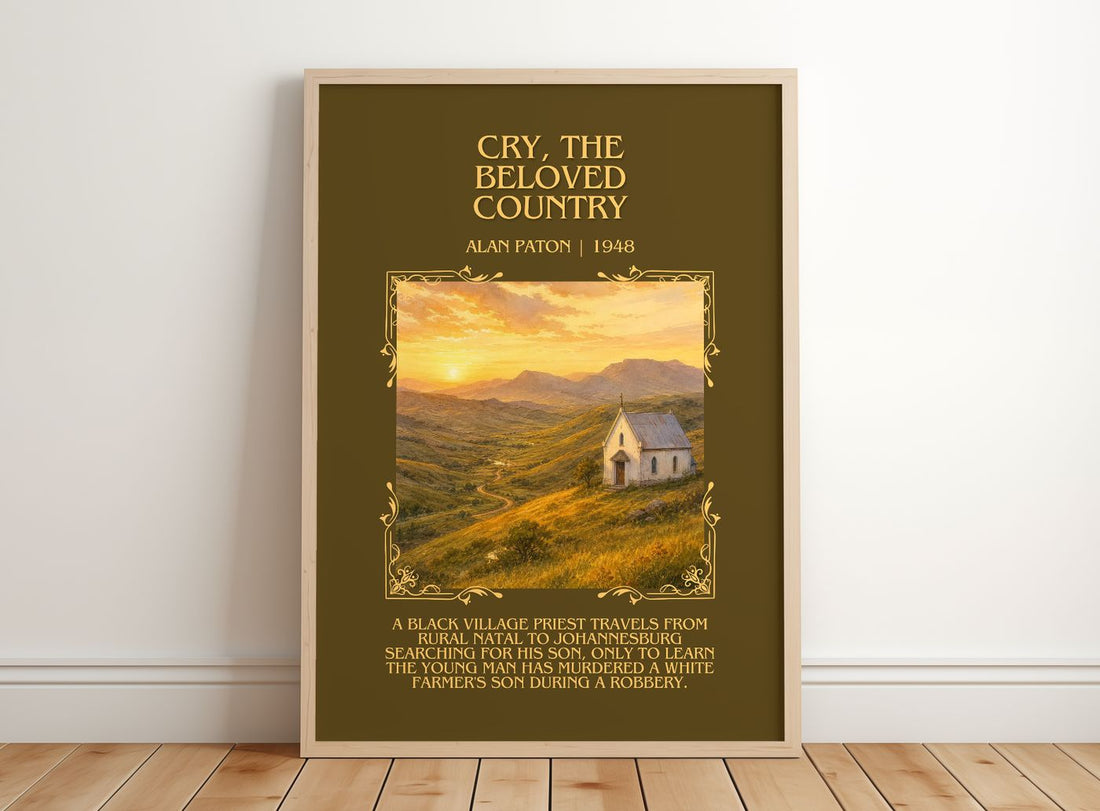 Cry, the Beloved Country Minimalist Book Poster by Alan Paton – framed print leaning on a wooden floor