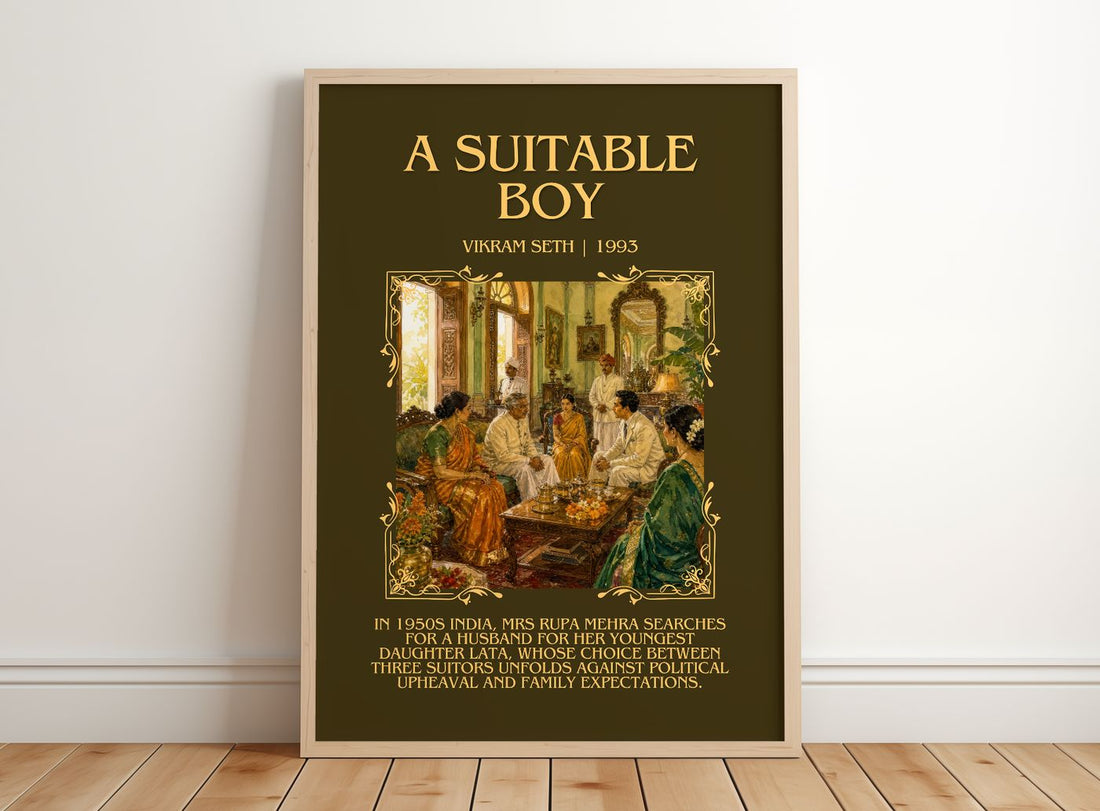 A Suitable Boy Minimalist Book Poster by Vikram Seth – framed print leaning on a wooden floor