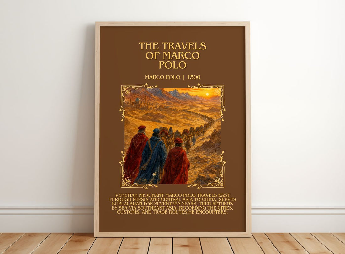 The Travels of Marco Polo Minimalist Book Poster by Marco Polo – framed print leaning on a wooden floor