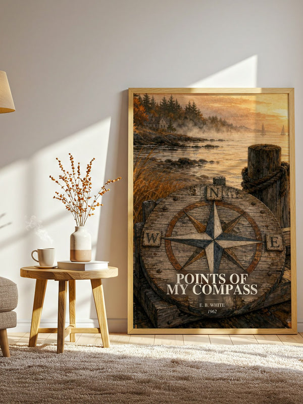 Points Of My Compass watercolour print in frame leaning in hallway – non fiction wall art