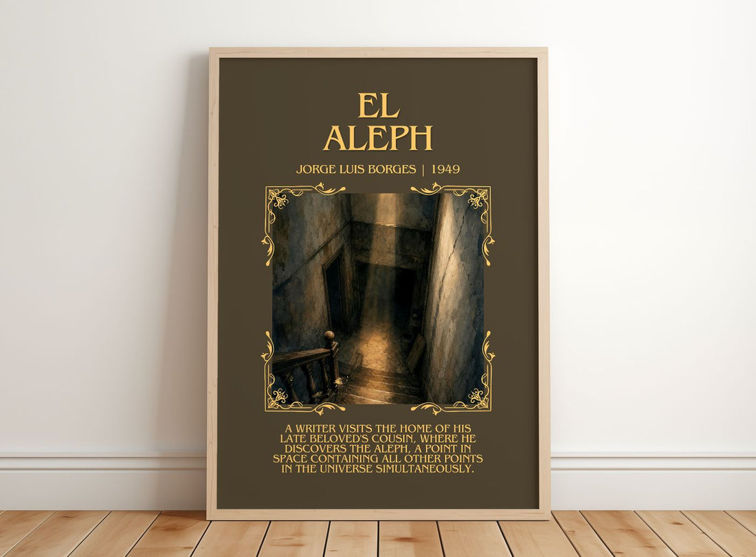 El Aleph Minimalist Book Poster by Jorge Luis Borges – framed print leaning on a wooden floor