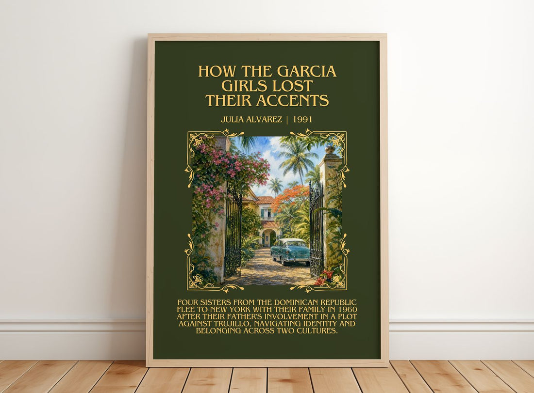 How the Garcia Girls Lost Their Accents Minimalist Book Poster by Julia Alvarez – framed print leaning on a wooden floor