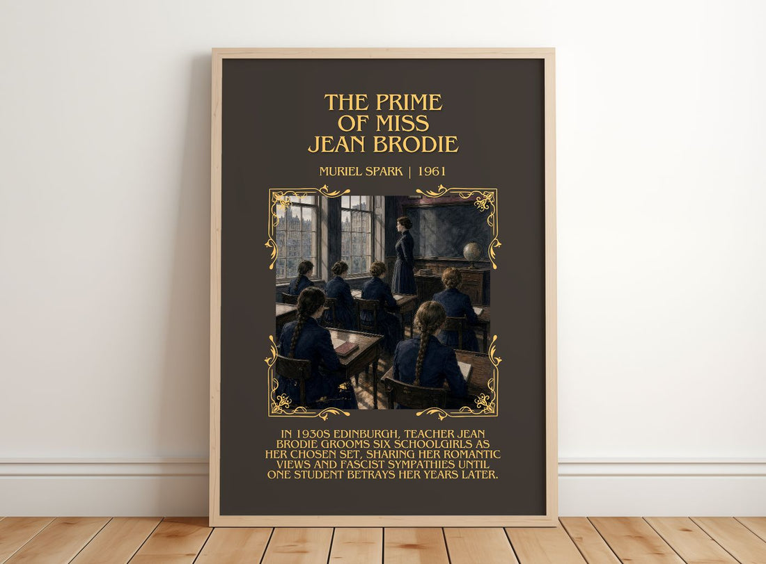 The Prime of Miss Jean Brodie Minimalist Book Poster by Muriel Spark – framed print leaning on a wooden floor