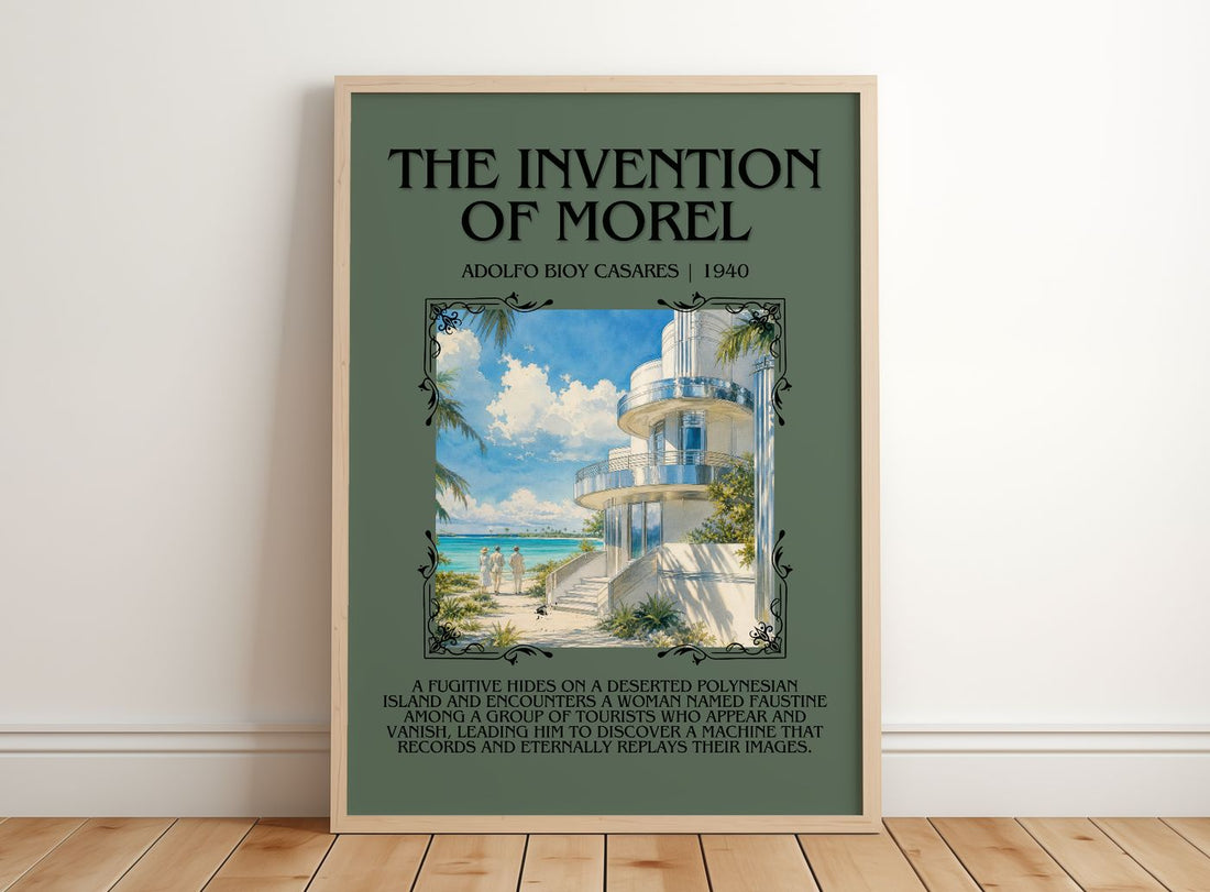 The Invention Of Morel Minimalist Book Poster by Adolfo Bioy Casares – framed print leaning on a wooden floor