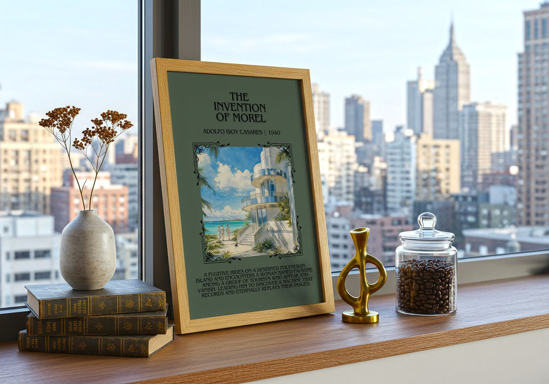 The Invention Of Morel Minimalist Book Poster by Adolfo Bioy Casares – framed print on a city-view windowsill