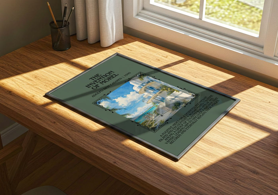The Invention Of Morel Minimalist Book Poster by Adolfo Bioy Casares – print on a sunlit desk