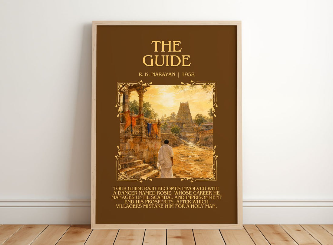 The Guide Minimalist Book Poster by R. K. Narayan – framed print leaning on a wooden floor