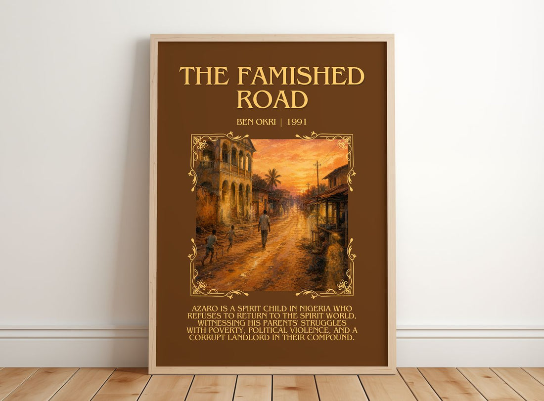 The Famished Road Minimalist Book Poster by Ben Okri – framed print leaning on a wooden floor