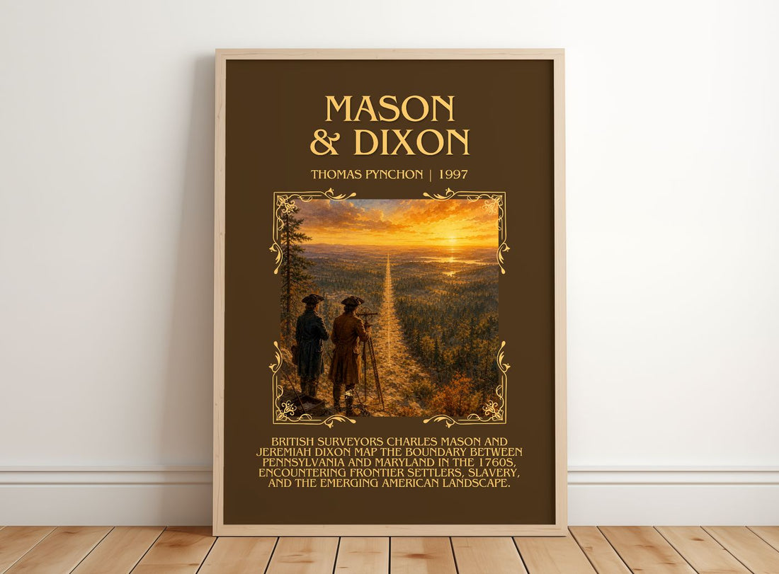 Mason & Dixon Minimalist Book Poster by Thomas Pynchon – framed print leaning on a wooden floor