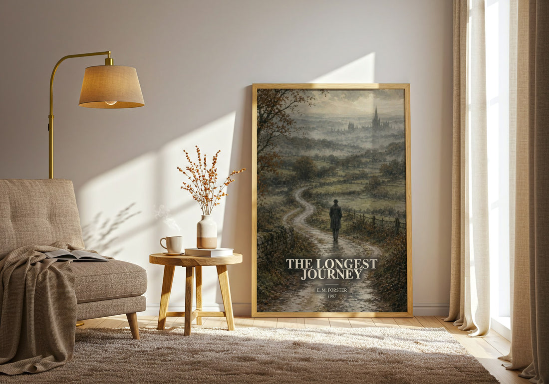 The Longest Journey watercolour print in frame leaning in hallway – classic literature wall art (mockup)