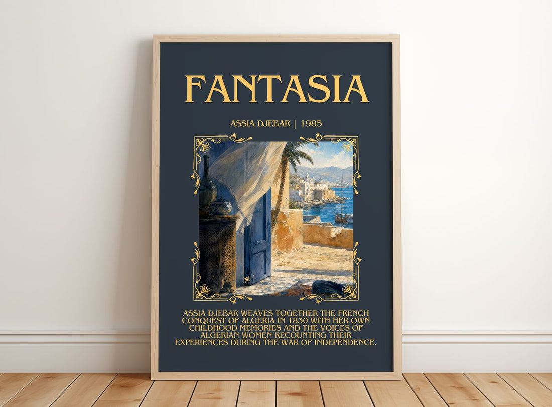 Fantasia Minimalist Book Poster by Assia Djebar – framed print leaning on a wooden floor