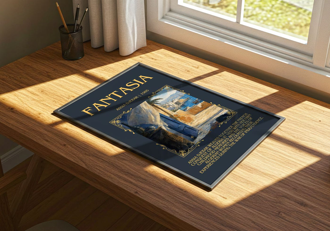 Fantasia Minimalist Book Poster by Assia Djebar – print on a sunlit desk