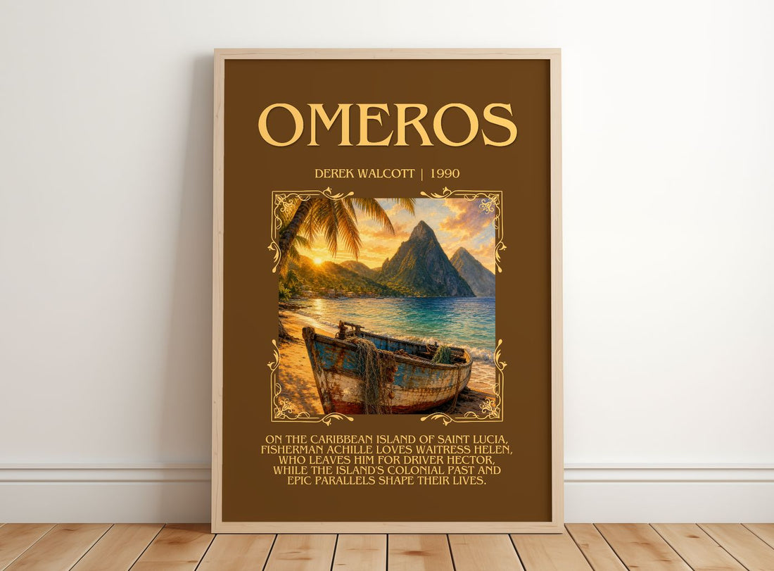 Omeros Minimalist Book Poster by Derek Walcott – framed print leaning on a wooden floor