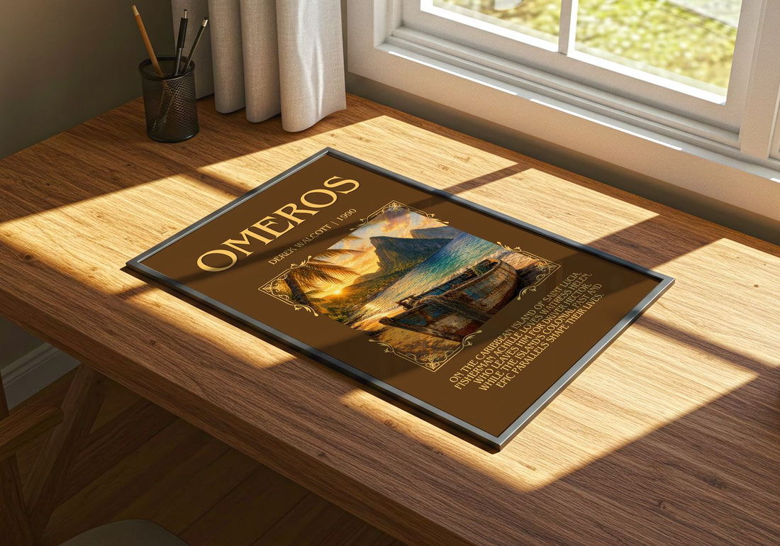 Omeros Minimalist Book Poster by Derek Walcott – print on a sunlit desk