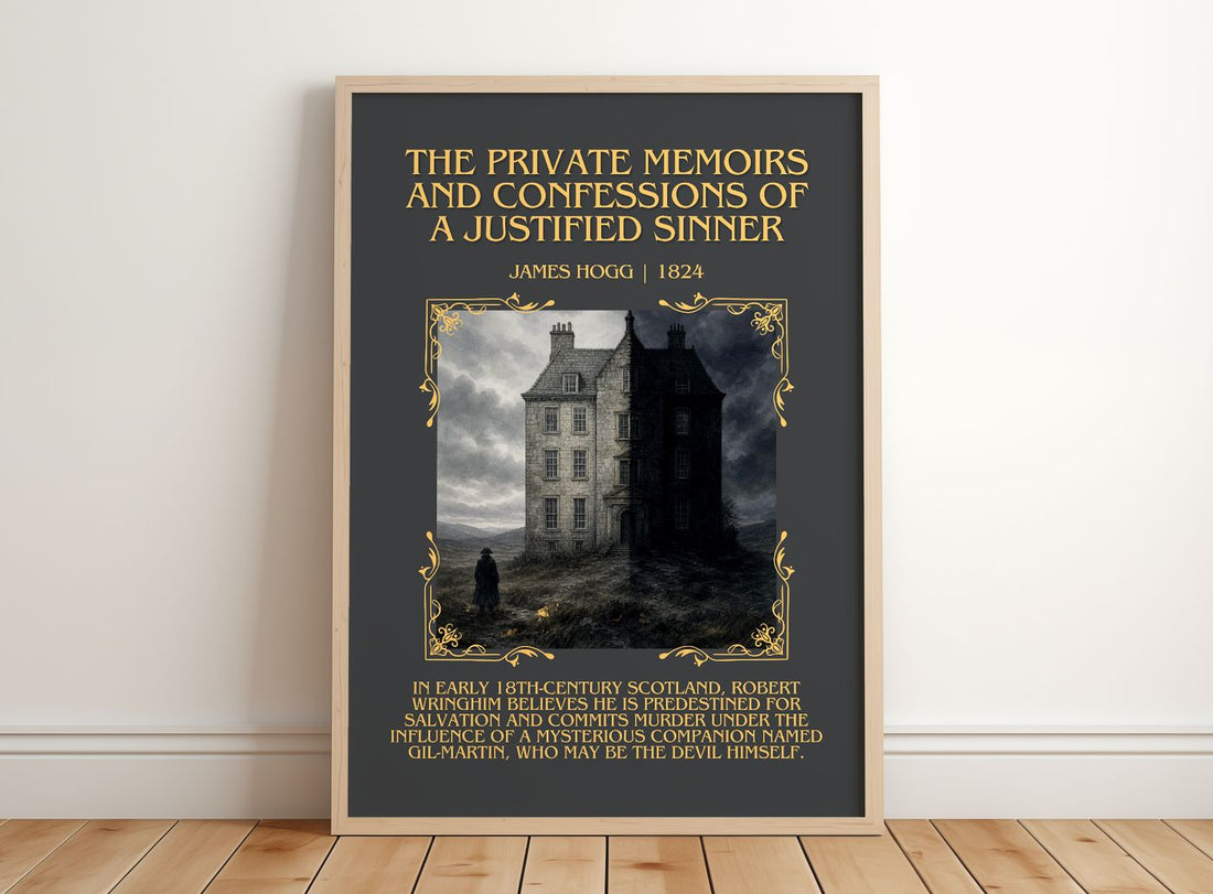 The Private Memoirs and Confessions of a Justified Sinner Minimalist Book Poster by James Hogg – framed print leaning on a wooden floor